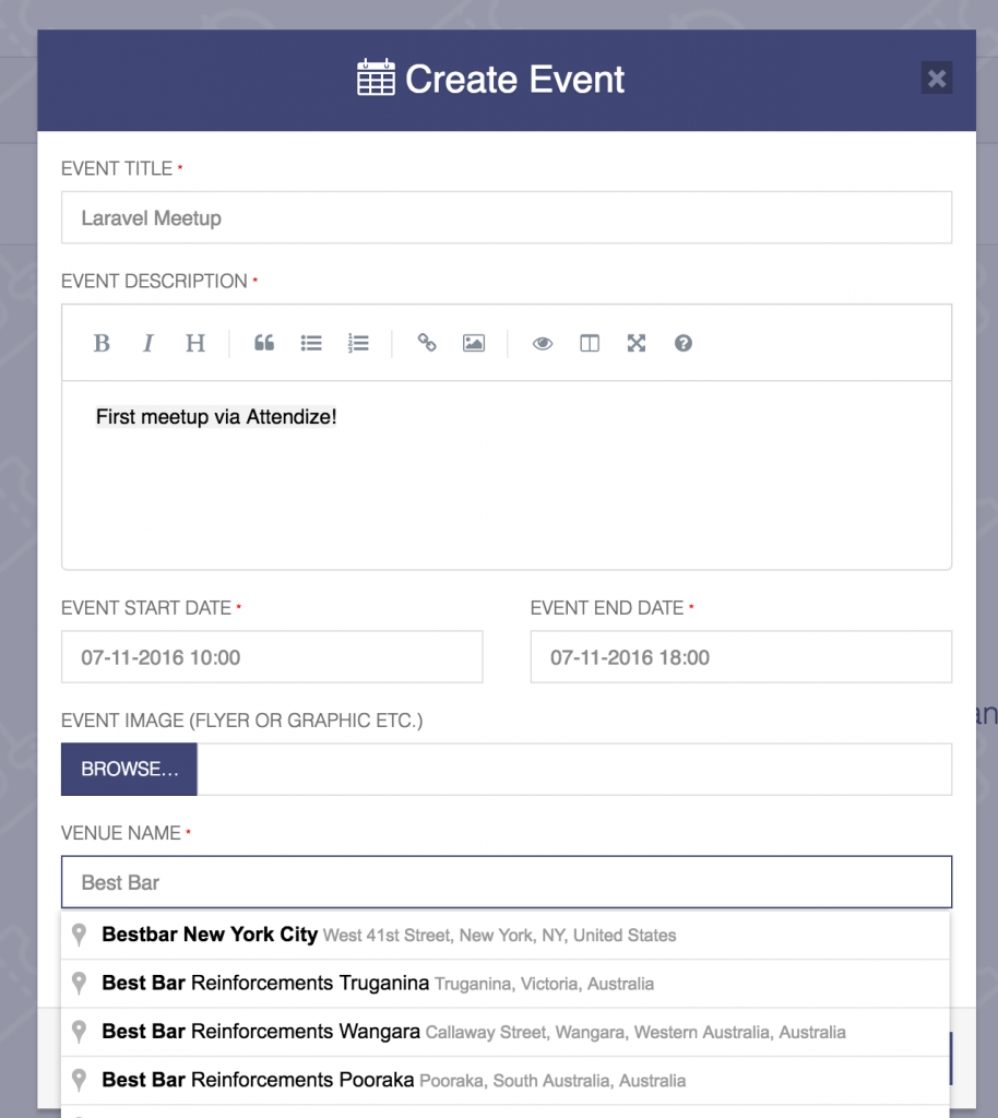 attendize create event