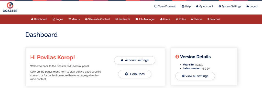 coaster cms dashboard