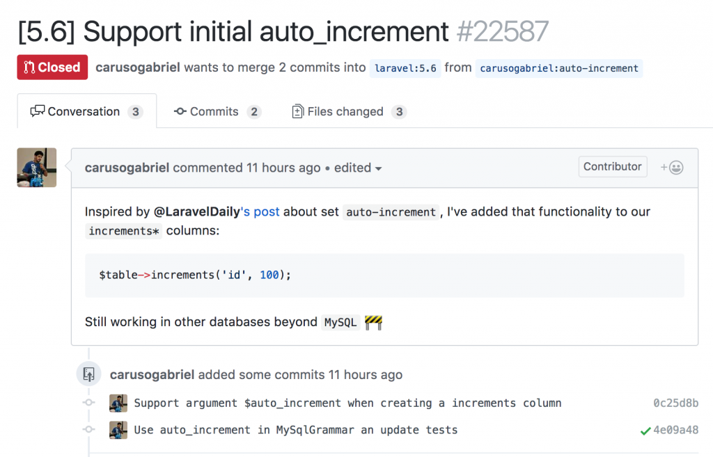 laravel auto_increment start pull request